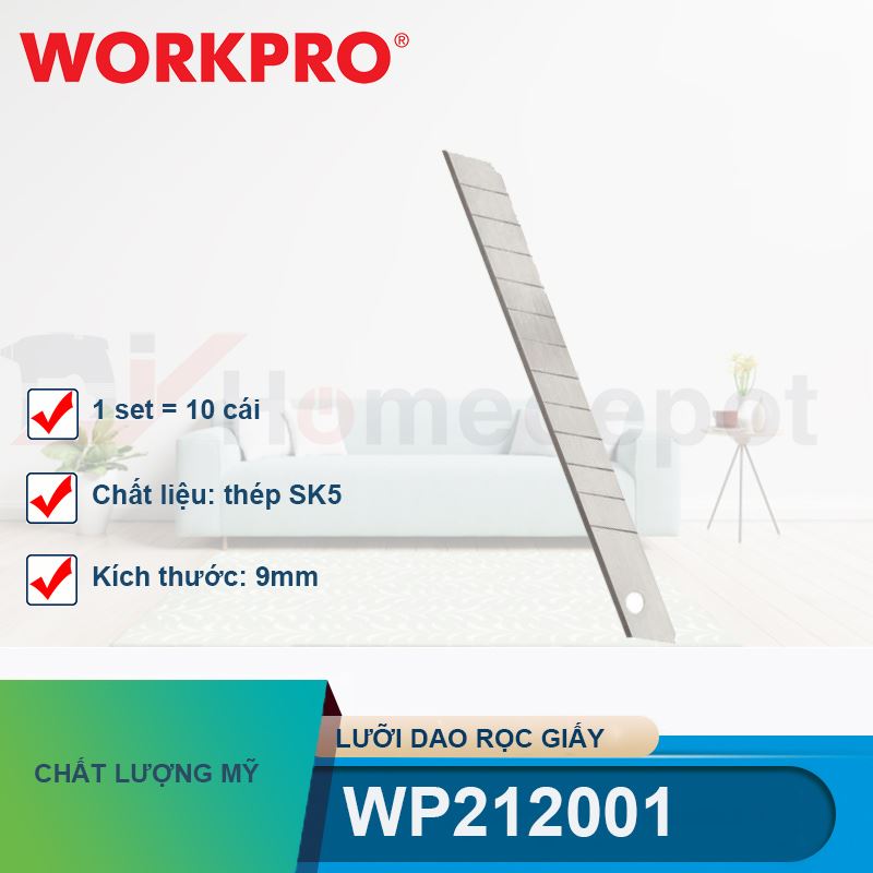 Lưỡi dao rọc giấy, bằng thép SK5, chiều rộng 9mm (1set = 10 cái) Workpro - WP212001