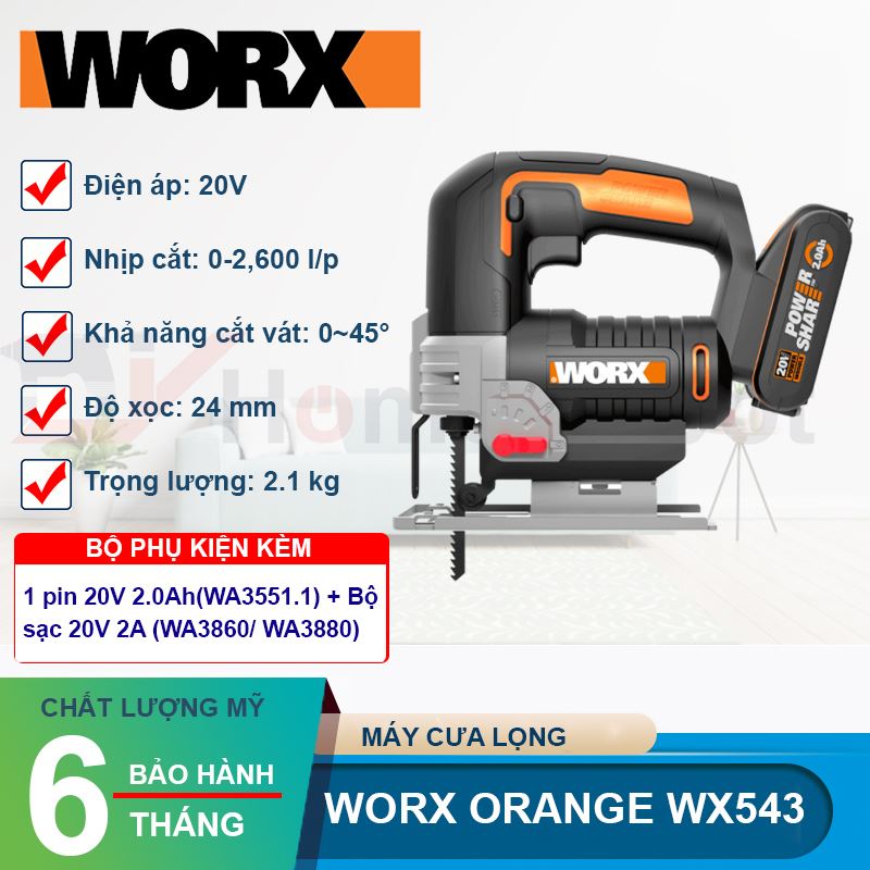 Máy cưa lọng dùng pin Li ion 20V Worx Orange WX543