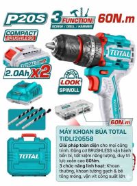 Máy Khoan Búa Không Chổi Than 20V Total TIDLI20558 - Động Cơ Brushless, 60Nm, Chính Hãng