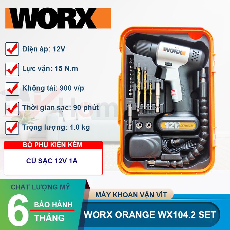 Máy khoan vặn vít dùng pin Li-ion 12V Worx Orange WX104.2 (SET)