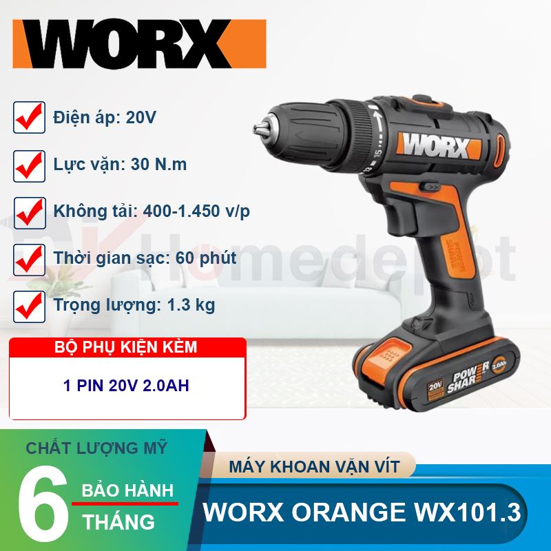Máy khoan vặn vít dùng pin Li-ion 20V Worx Orange WX101.3