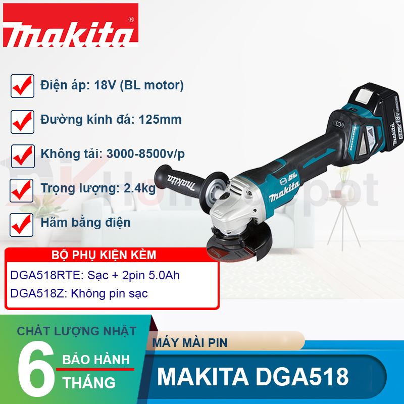 Máy mài góc dùng pin 18V Makita DGA518