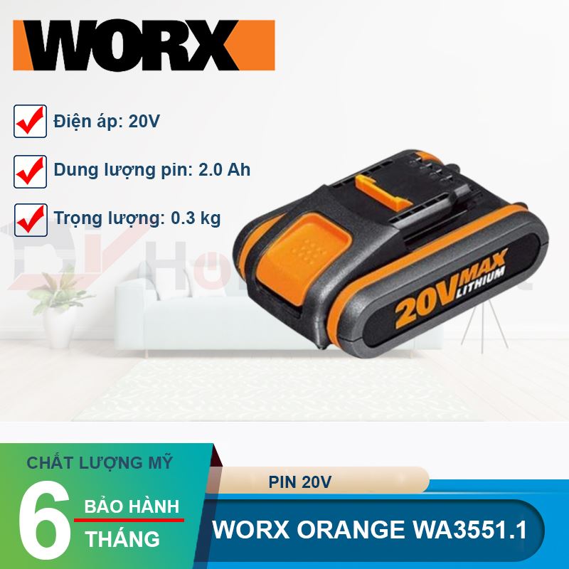 Pin Li-ion 20V 2.0Ah Worx Orange WA3551.1