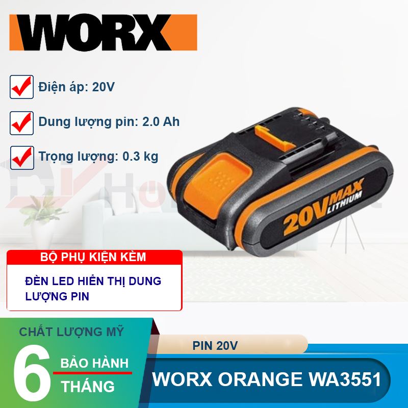 Pin Li-ion 20V 2.0Ah Worx Orange WA3551