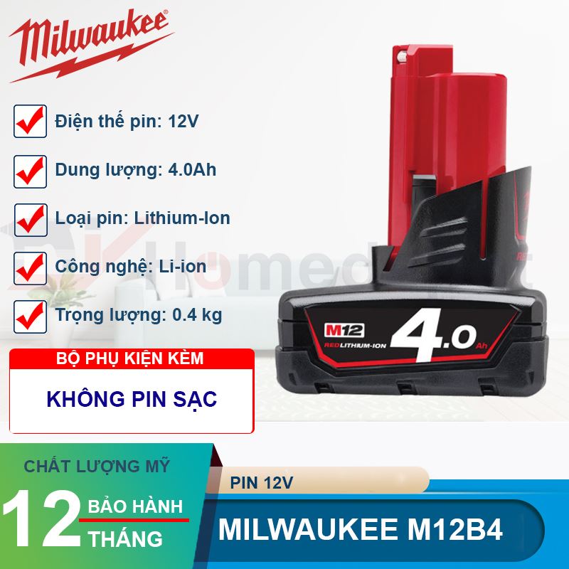 Pin Milwaukee M12B4 12V 4.0Ah