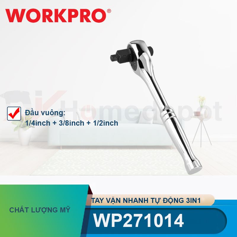 Tay vặn nhanh tự động 3in1 (có đầu vuông 1/4inch + 3/8inch + 1/2inch) Workpro - WP271014