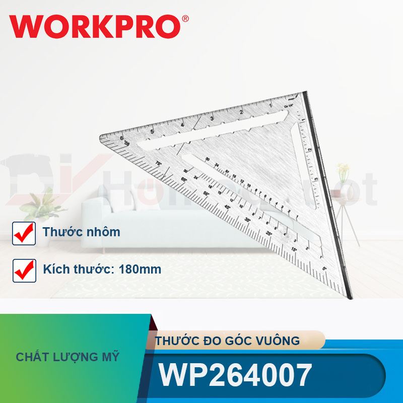 Thước đo góc vuông hình tam giác bằng nhôm, kích thước 180mm (7 inches) Workpro - WP264007