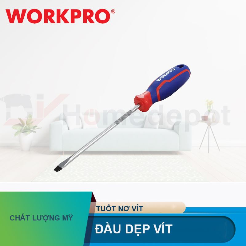 Tua vít đầu dẹt, tay cầm bọc nhựa cao su 3 màu, chống trơn trượt Workpro