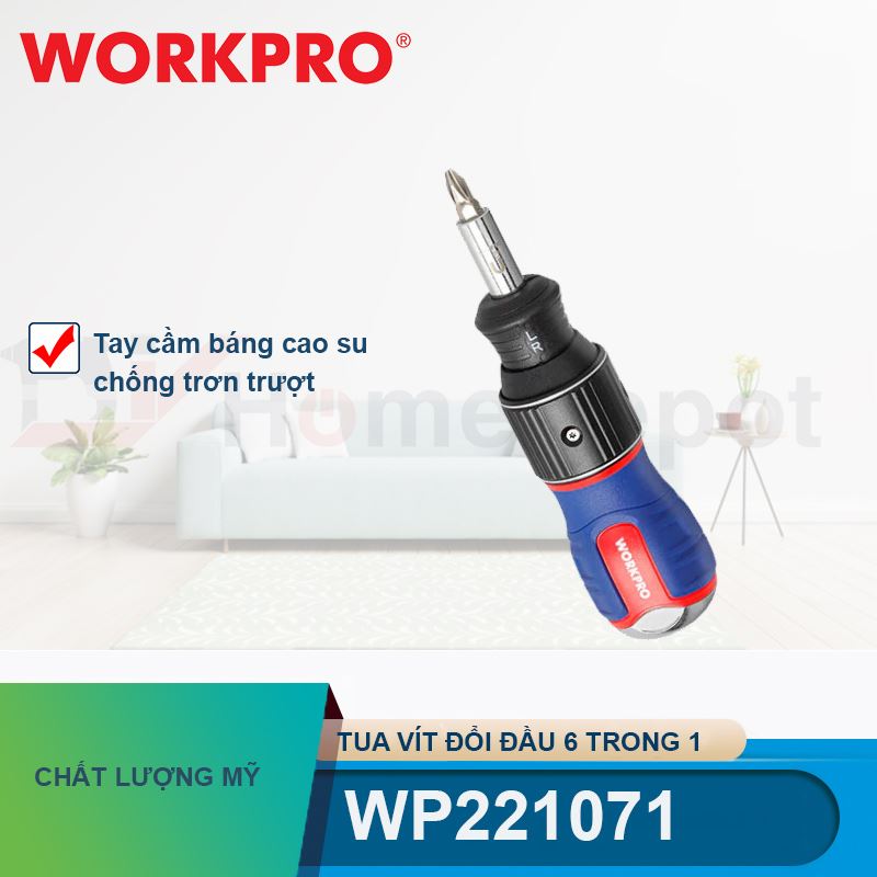 Tua vít đổi đầu 6 trong 1, tay cầm báng cao su chống trơn trượt Workpro - WP221071