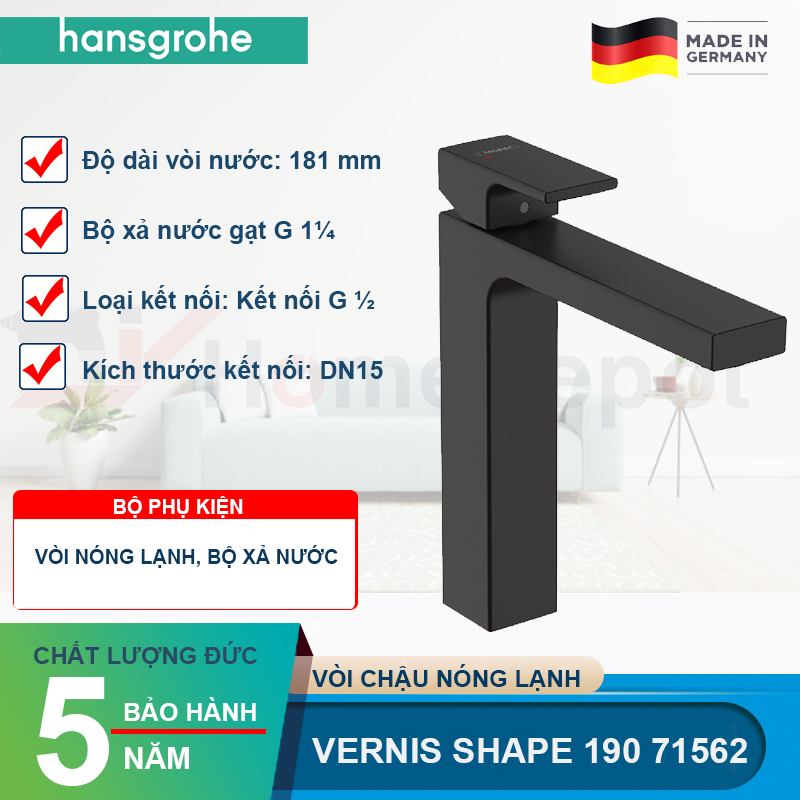 Vòi chậu nóng lạnh HANSGROHE Vernis Shape 190 71562