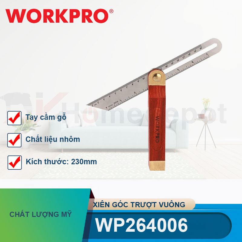 Xiên góc trượt vuông bằng nhôm với tay cầm gỗ, kích thước 230mm (9 inches) Workpro - WP264006